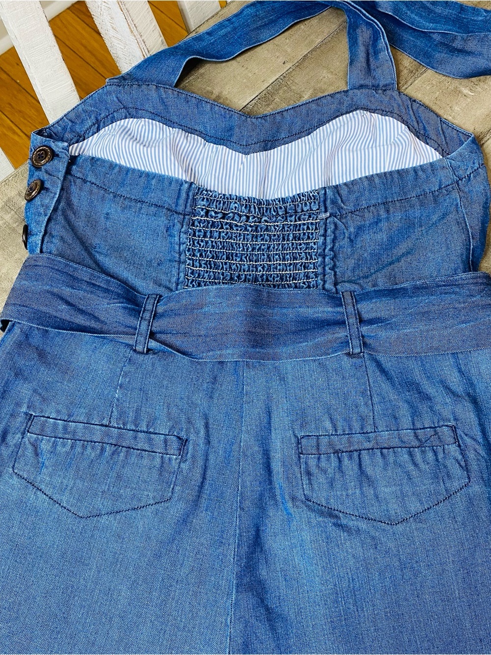 Anthropologie Elevenses Sharlene Denim Halter Jumpsuit Wide Leg Flare Size 6 - Picture 10 of 13